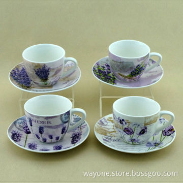 6-set 90cc Coffee Cup Saucer in Printed Gift Box, Lavender design, Ideal for Gifts and Promotional